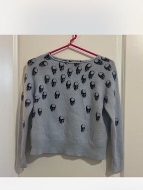 Skull Cashmere Light Blue Crewneck Sweater with Black Skull Pattern